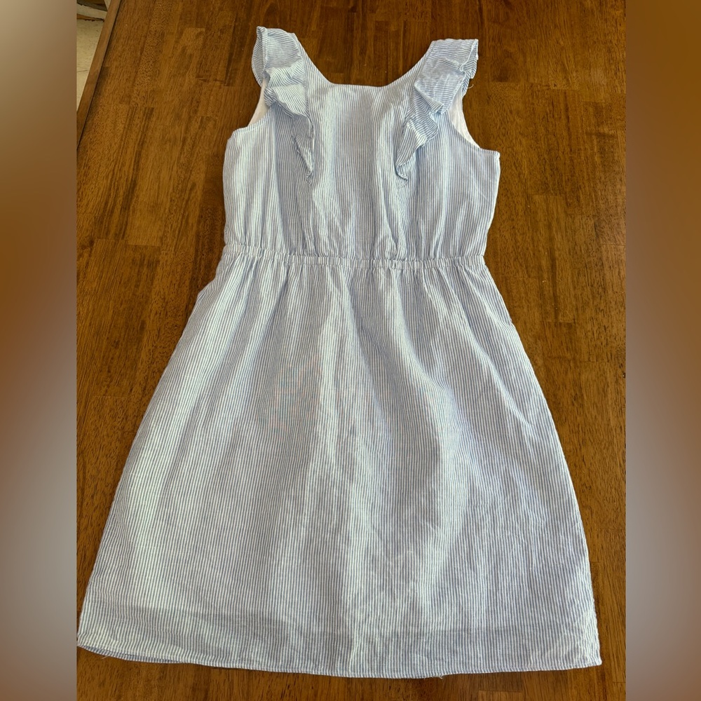 J. Crew Ruffle Sleeveless Linen Cotton Dress SZ 6 Blue White Stripes - Picture 4 of 16